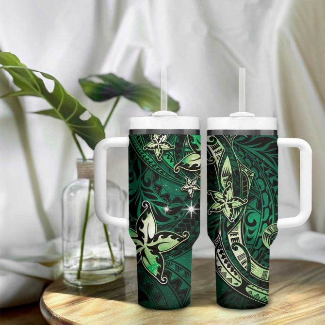 Hawaii Makahiki Season Floral Tribal Tattoo Green Galaxy Custom Stanley Quencher 40Oz Stainless Steel Tumbler With Handle - Image 9