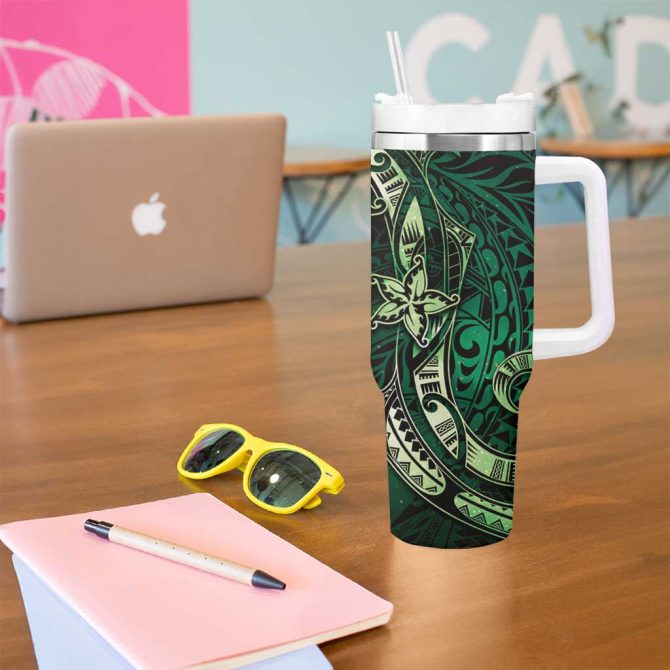 Hawaii Makahiki Season Floral Tribal Tattoo Green Galaxy Custom Stanley Quencher 40Oz Stainless Steel Tumbler With Handle - Image 5