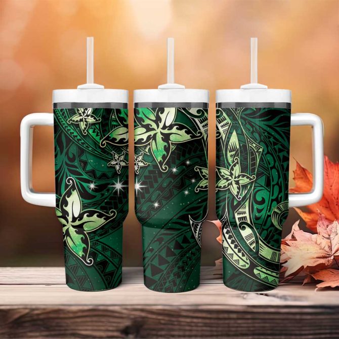 Hawaii Makahiki Season Floral Tribal Tattoo Green Galaxy Custom Stanley Quencher 40Oz Stainless Steel Tumbler With Handle - Image 4