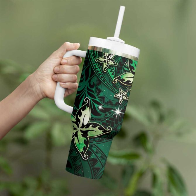 Hawaii Makahiki Season Floral Tribal Tattoo Green Galaxy Custom Stanley Quencher 40Oz Stainless Steel Tumbler With Handle - Image 3