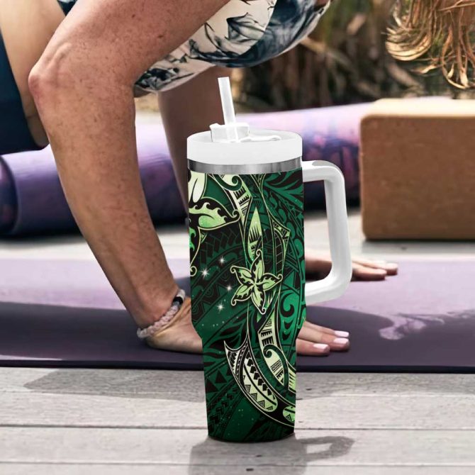 Hawaii Makahiki Season Floral Tribal Tattoo Green Galaxy Custom Stanley Quencher 40Oz Stainless Steel Tumbler With Handle - Image 6