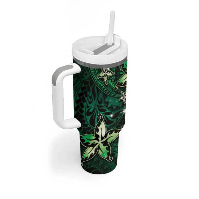 Hawaii Makahiki Season Floral Tribal Tattoo Green Galaxy Custom Stanley Quencher 40Oz Stainless Steel Tumbler With Handle - Image 2