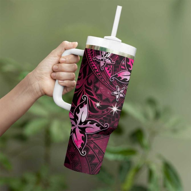 Hawaii Makahiki Season Floral Tribal Tattoo Pink Galaxy Custom Stanley Quencher 40Oz Stainless Steel Tumbler With Handle - Image 3