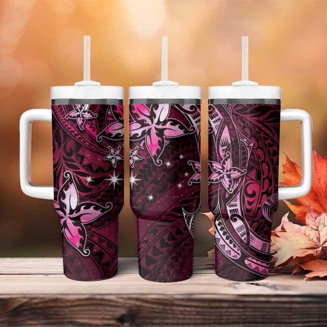 Hawaii Makahiki Season Floral Tribal Tattoo Pink Galaxy Custom Stanley Quencher 40Oz Stainless Steel Tumbler With Handle - Image 4