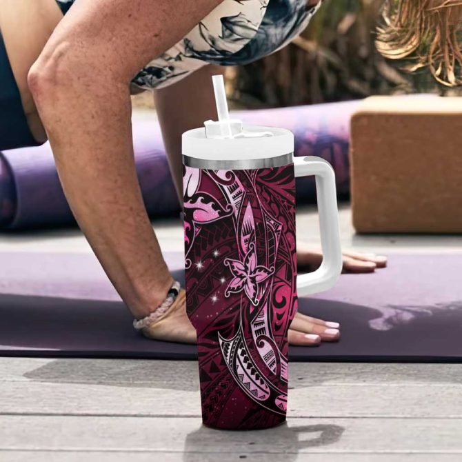 Hawaii Makahiki Season Floral Tribal Tattoo Pink Galaxy Custom Stanley Quencher 40Oz Stainless Steel Tumbler With Handle - Image 6