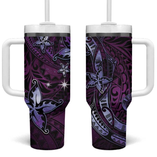 Hawaii Makahiki Season Floral Tribal Tattoo Purple Galaxy Custom Stanley Quencher 40Oz Stainless Steel Tumbler With Handle