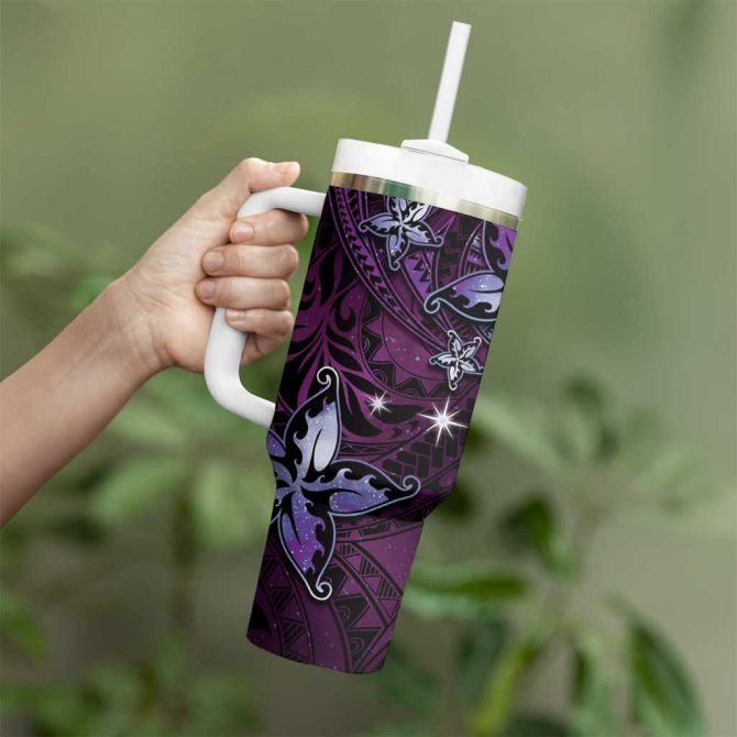 Hawaii Makahiki Season Floral Tribal Tattoo Purple Galaxy Custom Stanley Quencher 40Oz Stainless Steel Tumbler With Handle - Image 3