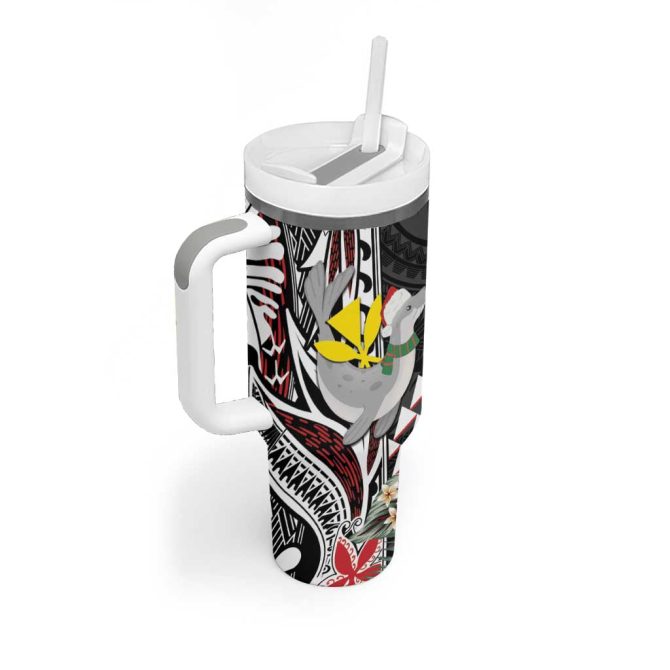 Hawaii Monk Seal Santa Hibiscus Kakau Mele Kalikimaka Custom Stanley Quencher 40Oz Stainless Steel Tumbler With Handle - Image 2