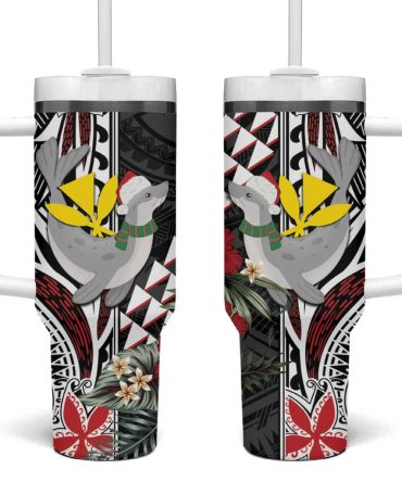 Hawaii Monk Seal Santa Hibiscus Kakau Mele Kalikimaka Custom Stanley Quencher 40Oz Stainless Steel Tumbler With Handle