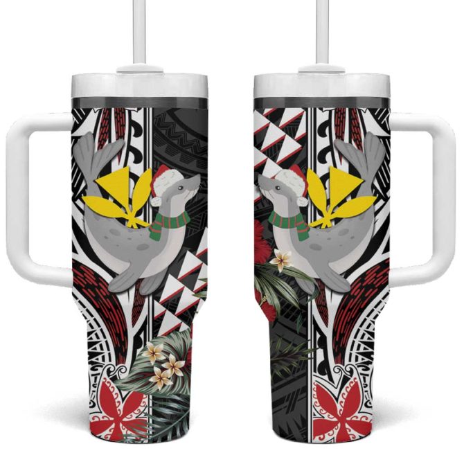 Hawaii Monk Seal Santa Hibiscus Kakau Mele Kalikimaka Custom Stanley Quencher 40Oz Stainless Steel Tumbler With Handle