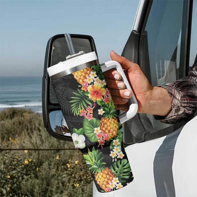 Hawaii Pineapple Tropical Colorful Hibiscus Plumeria Custom Stanley Quencher 40Oz Stainless Steel Tumbler With Handle - Image 7