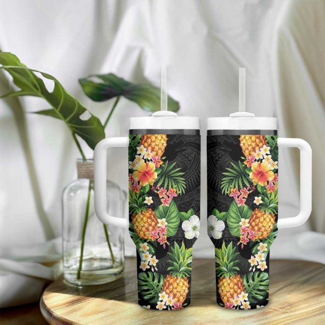 Hawaii Pineapple Tropical Colorful Hibiscus Plumeria Custom Stanley Quencher 40Oz Stainless Steel Tumbler With Handle - Image 9