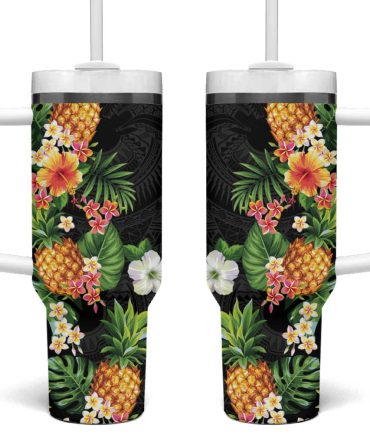 Hawaii Pineapple Tropical Colorful Hibiscus Plumeria Custom Stanley Quencher 40Oz Stainless Steel Tumbler With Handle
