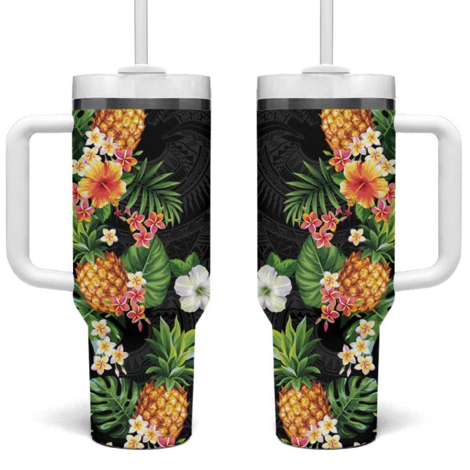 Hawaii Pineapple Tropical Colorful Hibiscus Plumeria Custom Stanley Quencher 40Oz Stainless Steel Tumbler With Handle