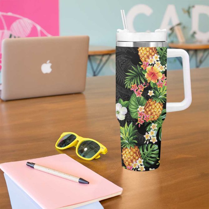 Hawaii Pineapple Tropical Colorful Hibiscus Plumeria Custom Stanley Quencher 40Oz Stainless Steel Tumbler With Handle - Image 5