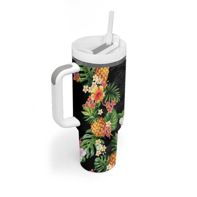 Hawaii Pineapple Tropical Colorful Hibiscus Plumeria Custom Stanley Quencher 40Oz Stainless Steel Tumbler With Handle - Image 2