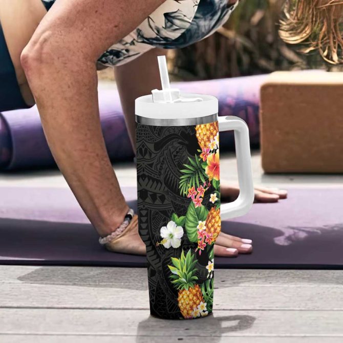 Hawaii Pineapple Tropical Colorful Hibiscus Plumeria Custom Stanley Quencher 40Oz Stainless Steel Tumbler With Handle - Image 6