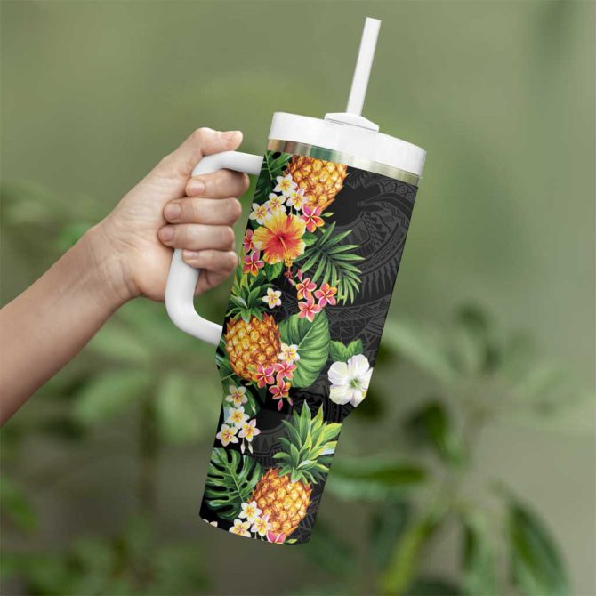 Hawaii Pineapple Tropical Colorful Hibiscus Plumeria Custom Stanley Quencher 40Oz Stainless Steel Tumbler With Handle - Image 3