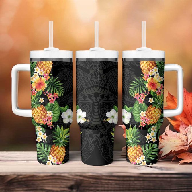 Hawaii Pineapple Tropical Colorful Hibiscus Plumeria Custom Stanley Quencher 40Oz Stainless Steel Tumbler With Handle - Image 4