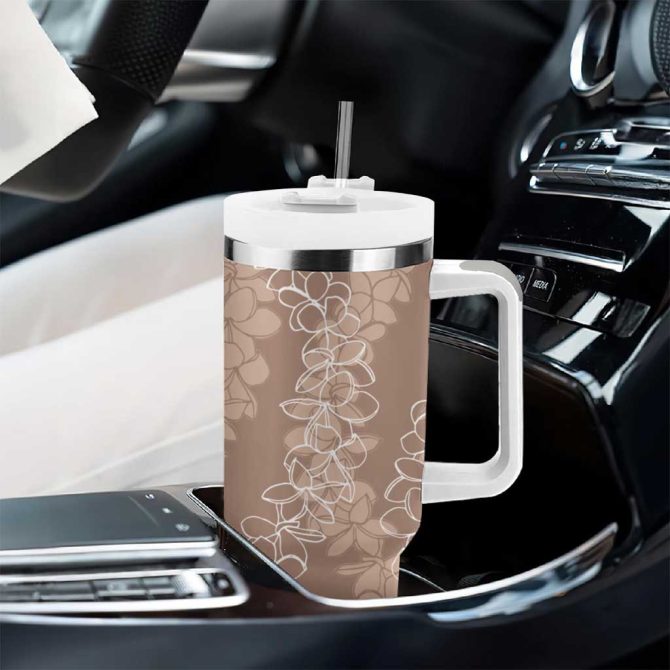 Hawaii Plumeria Lei Aloha Festive Beige Custom Stanley Quencher 40Oz Stainless Steel Tumbler With Handle - Image 8