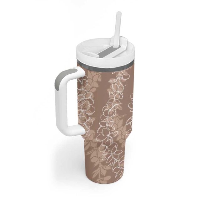 Hawaii Plumeria Lei Aloha Festive Beige Custom Stanley Quencher 40Oz Stainless Steel Tumbler With Handle - Image 2