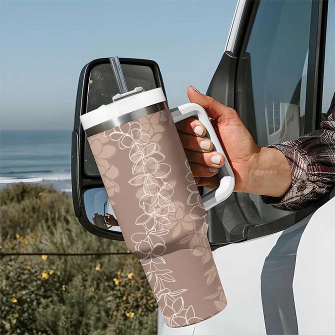 Hawaii Plumeria Lei Aloha Festive Beige Custom Stanley Quencher 40Oz Stainless Steel Tumbler With Handle - Image 7