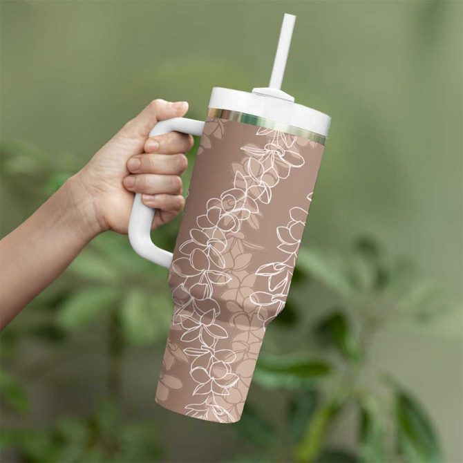 Hawaii Plumeria Lei Aloha Festive Beige Custom Stanley Quencher 40Oz Stainless Steel Tumbler With Handle - Image 3