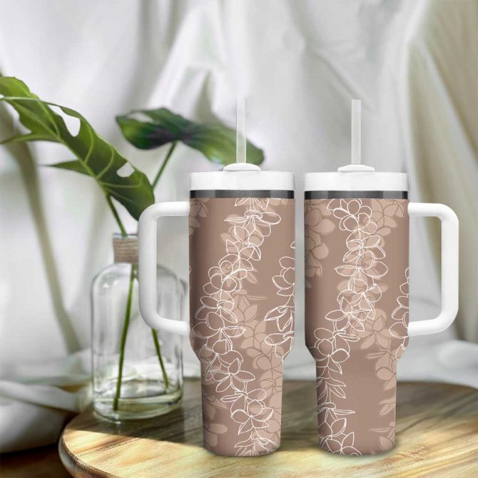 Hawaii Plumeria Lei Aloha Festive Beige Custom Stanley Quencher 40Oz Stainless Steel Tumbler With Handle - Image 9