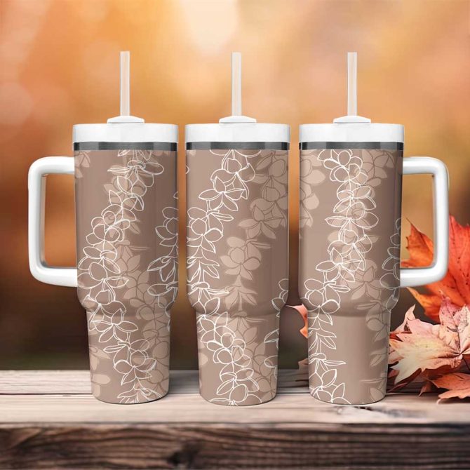Hawaii Plumeria Lei Aloha Festive Beige Custom Stanley Quencher 40Oz Stainless Steel Tumbler With Handle - Image 4