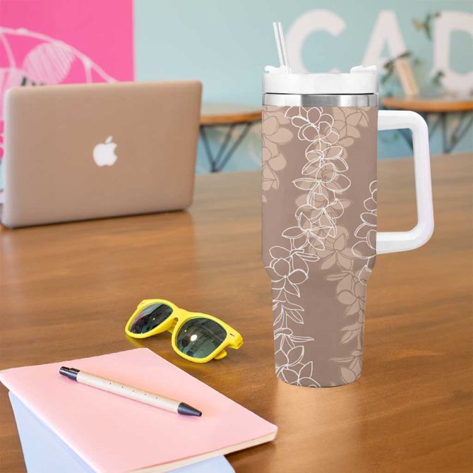 Hawaii Plumeria Lei Aloha Festive Beige Custom Stanley Quencher 40Oz Stainless Steel Tumbler With Handle - Image 5