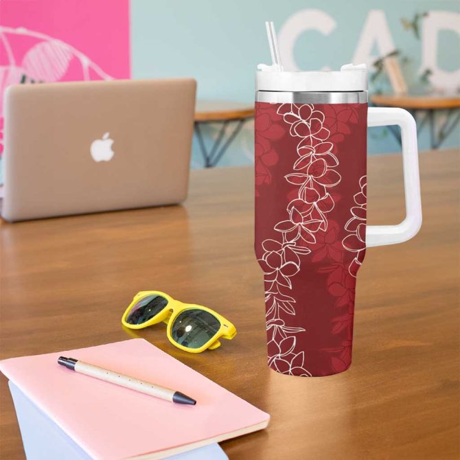 Hawaii Plumeria Lei Aloha Festive Crimson Custom Stanley Quencher 40Oz Stainless Steel Tumbler With Handle - Image 5