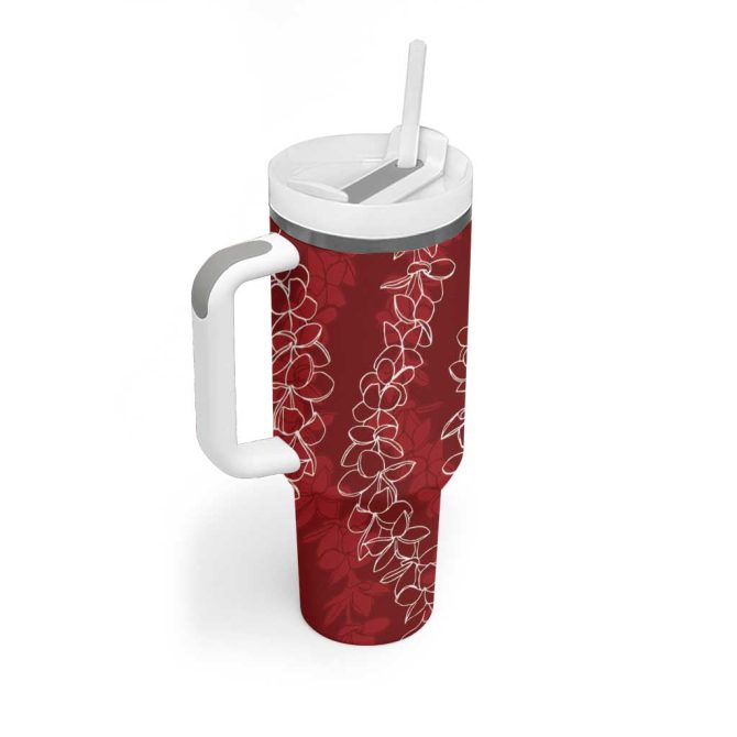 Hawaii Plumeria Lei Aloha Festive Crimson Custom Stanley Quencher 40Oz Stainless Steel Tumbler With Handle - Image 2