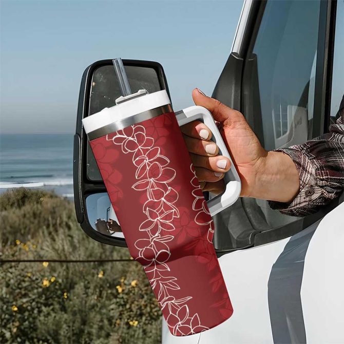 Hawaii Plumeria Lei Aloha Festive Crimson Custom Stanley Quencher 40Oz Stainless Steel Tumbler With Handle - Image 7