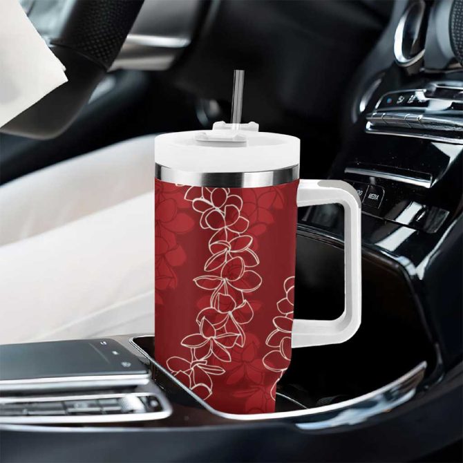 Hawaii Plumeria Lei Aloha Festive Crimson Custom Stanley Quencher 40Oz Stainless Steel Tumbler With Handle - Image 8