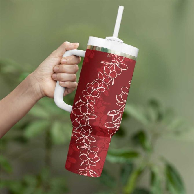 Hawaii Plumeria Lei Aloha Festive Crimson Custom Stanley Quencher 40Oz Stainless Steel Tumbler With Handle - Image 3
