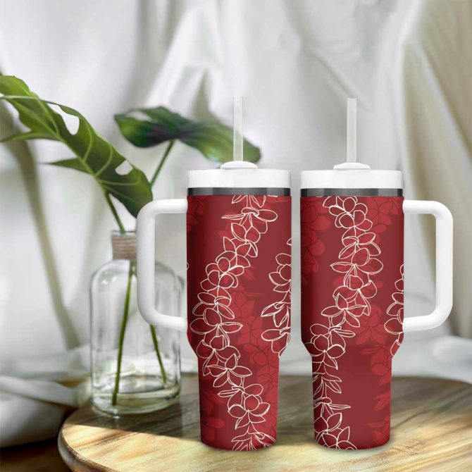 Hawaii Plumeria Lei Aloha Festive Crimson Custom Stanley Quencher 40Oz Stainless Steel Tumbler With Handle - Image 9