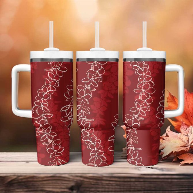 Hawaii Plumeria Lei Aloha Festive Crimson Custom Stanley Quencher 40Oz Stainless Steel Tumbler With Handle - Image 4