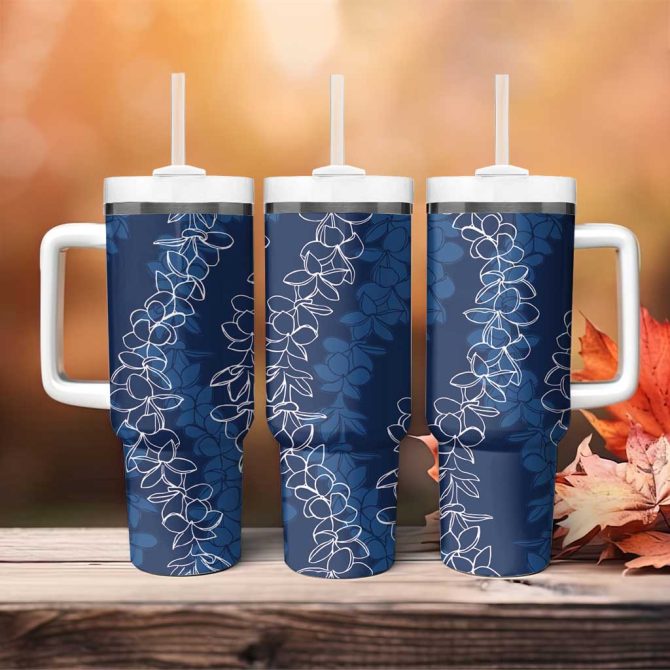 Hawaii Plumeria Lei Aloha Festive Navy Blue Custom Stanley Quencher 40Oz Stainless Steel Tumbler With Handle - Image 4