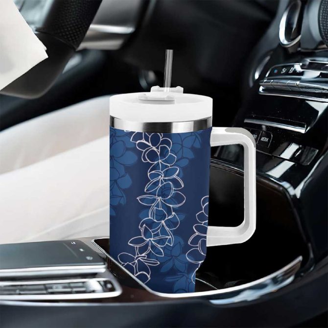 Hawaii Plumeria Lei Aloha Festive Navy Blue Custom Stanley Quencher 40Oz Stainless Steel Tumbler With Handle - Image 8