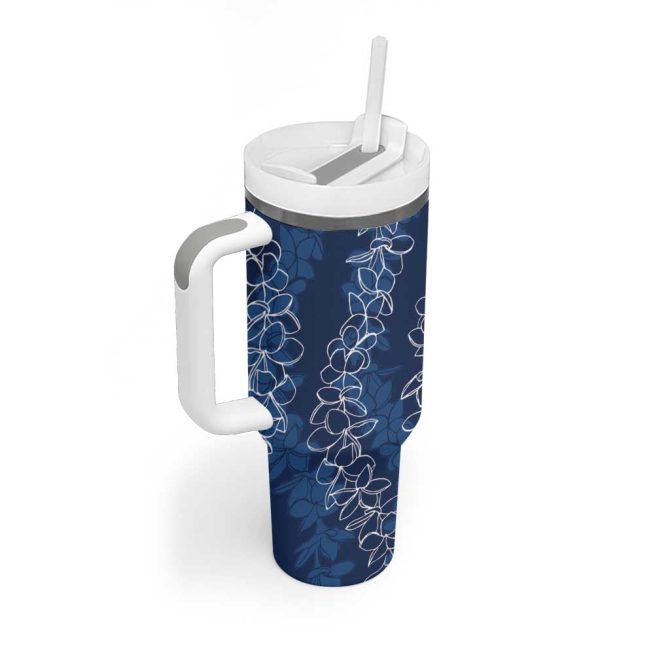 Hawaii Plumeria Lei Aloha Festive Navy Blue Custom Stanley Quencher 40Oz Stainless Steel Tumbler With Handle - Image 2