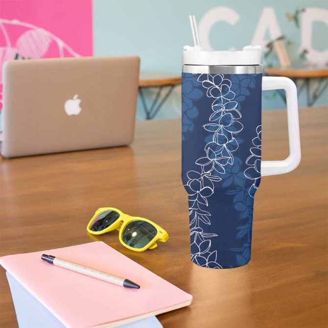 Hawaii Plumeria Lei Aloha Festive Navy Blue Custom Stanley Quencher 40Oz Stainless Steel Tumbler With Handle - Image 5