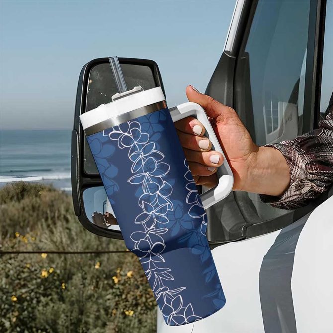 Hawaii Plumeria Lei Aloha Festive Navy Blue Custom Stanley Quencher 40Oz Stainless Steel Tumbler With Handle - Image 7