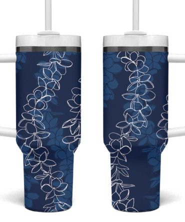 Hawaii Plumeria Lei Aloha Festive Navy Blue Custom Stanley Quencher 40Oz Stainless Steel Tumbler With Handle