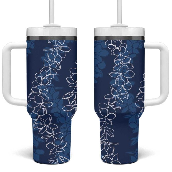 Hawaii Plumeria Lei Aloha Festive Navy Blue Custom Stanley Quencher 40Oz Stainless Steel Tumbler With Handle