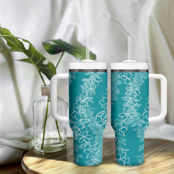 Hawaii Plumeria Lei Aloha Festive Teal Custom Stanley Quencher 40Oz Stainless Steel Tumbler With Handle - Image 9