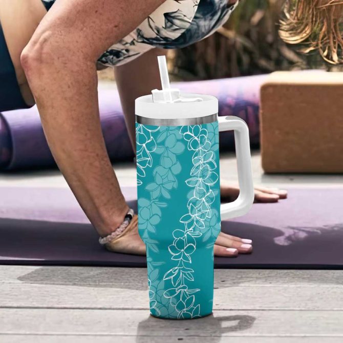 Hawaii Plumeria Lei Aloha Festive Teal Custom Stanley Quencher 40Oz Stainless Steel Tumbler With Handle - Image 6