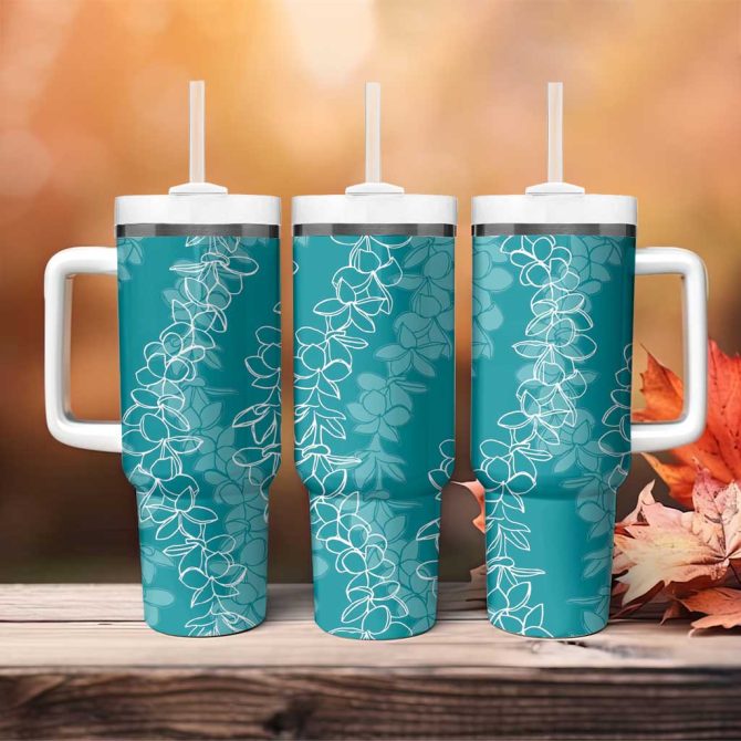 Hawaii Plumeria Lei Aloha Festive Teal Custom Stanley Quencher 40Oz Stainless Steel Tumbler With Handle - Image 4