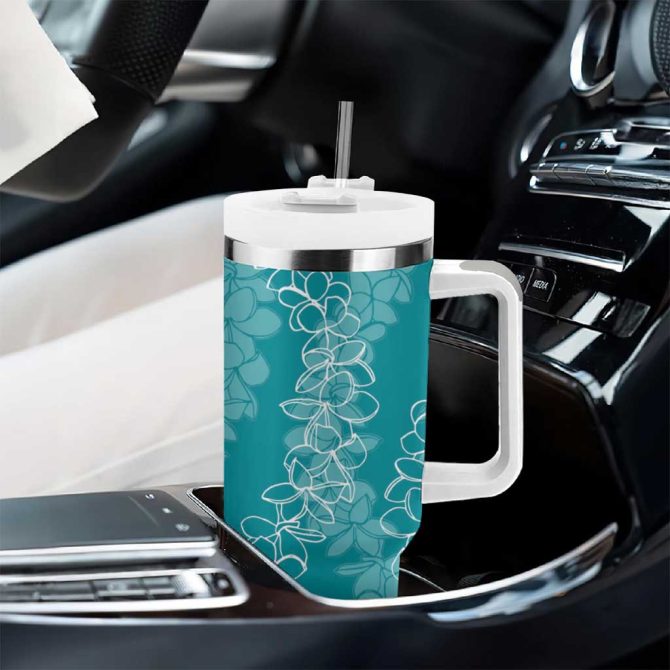 Hawaii Plumeria Lei Aloha Festive Teal Custom Stanley Quencher 40Oz Stainless Steel Tumbler With Handle - Image 8