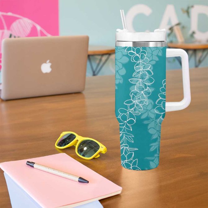 Hawaii Plumeria Lei Aloha Festive Teal Custom Stanley Quencher 40Oz Stainless Steel Tumbler With Handle - Image 5