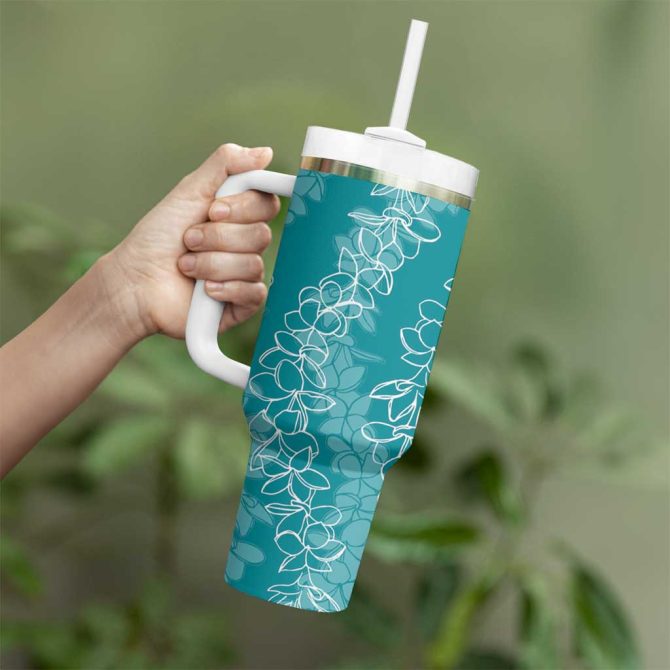 Hawaii Plumeria Lei Aloha Festive Teal Custom Stanley Quencher 40Oz Stainless Steel Tumbler With Handle - Image 3